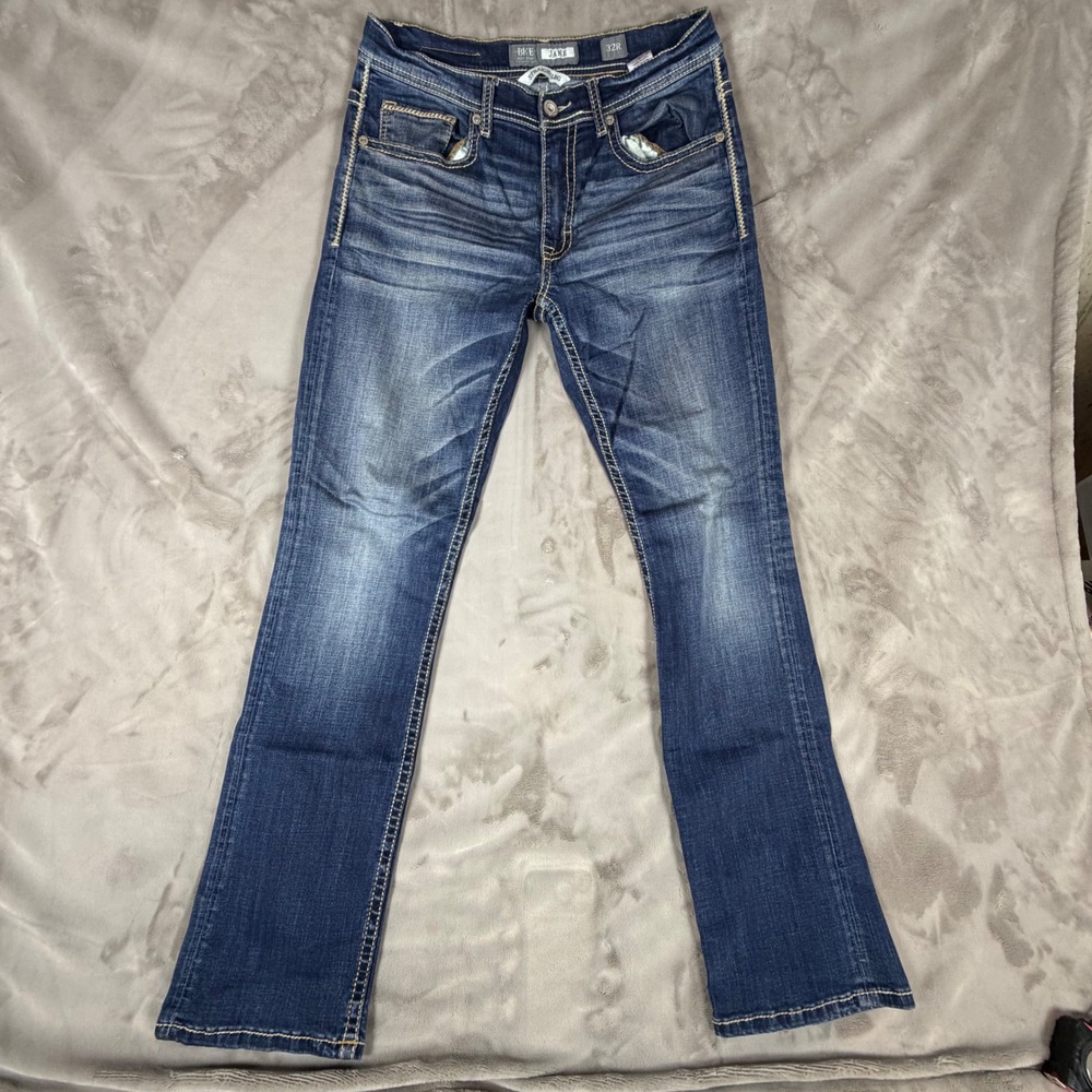 BKE Jake Straight Leg Jeans Mens 32R Dark Wash Stretch Denim Thick Stitch